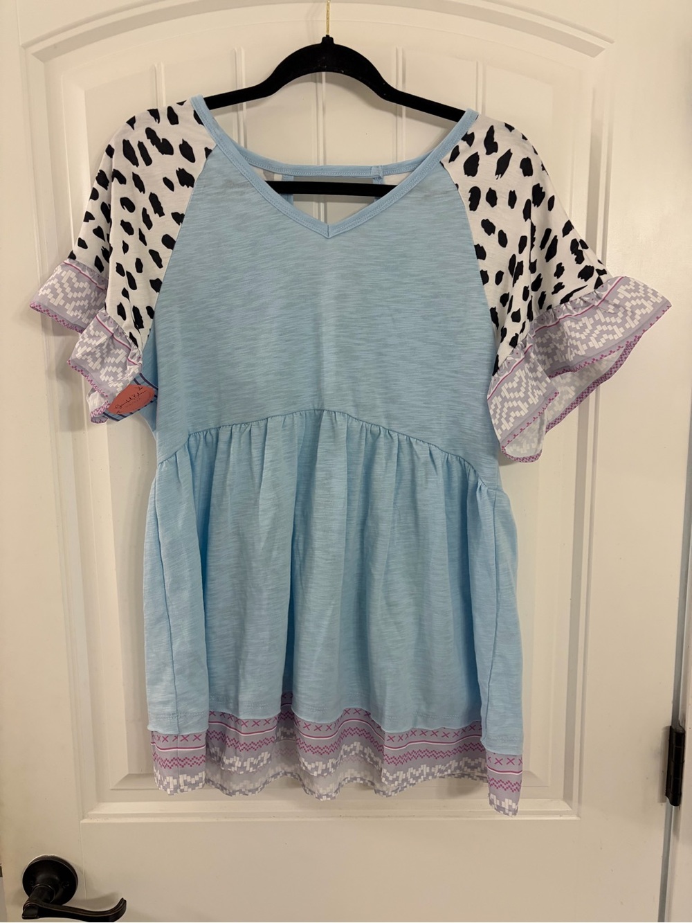 Light Blue Babydoll Top with Printed Sleeve Detail
